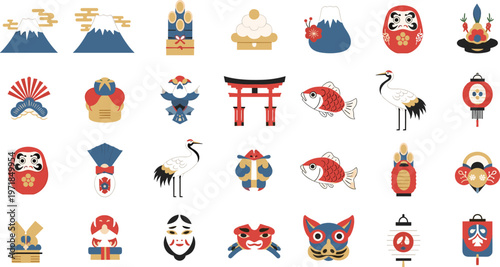 A collection of colorful flat design icons depicting traditional japanese cultural elements like mount fuji dolls and architecture high quality professional detailed modern