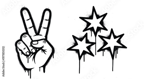 Black graffiti spray paint peace sign and stacked stars with heavy drips and urban splatter isolated on white background
