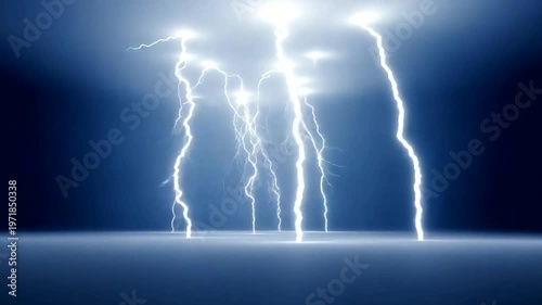 Powerful lightning strikes illuminate a dark stormy sky with bright flashes.