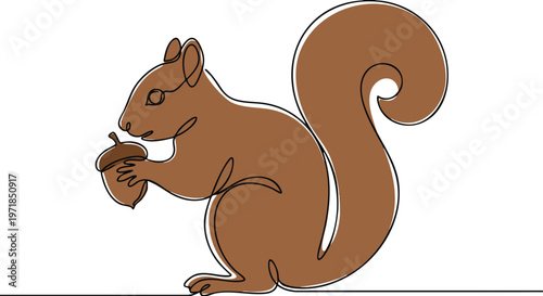 Continuous one-line drawing of a squirrel with bushy tail holding a nut, flat brown color.