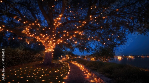 Magical Nighttime Scene with Twinkling Lights on Trees and Pathway.