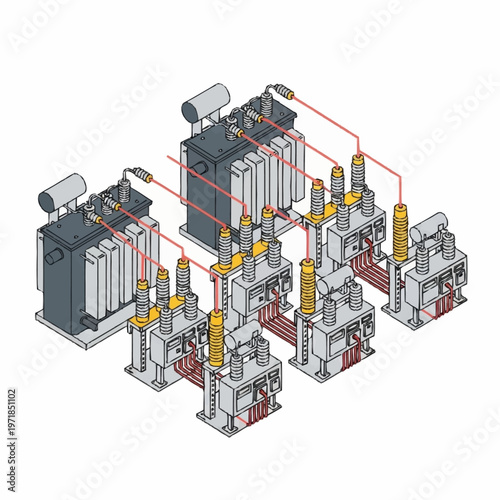 Industrial transformer station with electrical equipment.