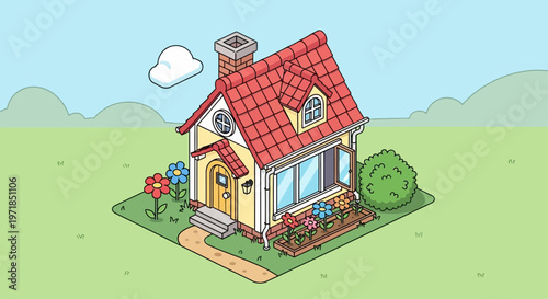 Cartoon house illustration with flowers and green landscape background