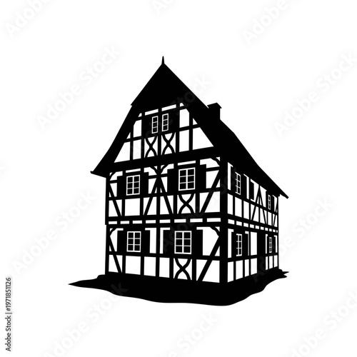 Heritage Silhouette: A black and white architectural silhouette showcasing a detailed historic half-timbered house, evoking a sense of history and classic design. 