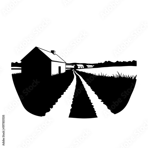 Rural Silhouette: A serene rural landscape with a pathway leading to a quaint house, set against a backdrop of open fields, evoking a sense of tranquility and simplicity.
