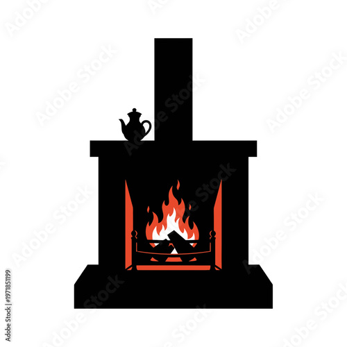 Cozy Hearth: Silhouette of a fireplace with vibrant flames and a teapot, evoking warmth and comfort.