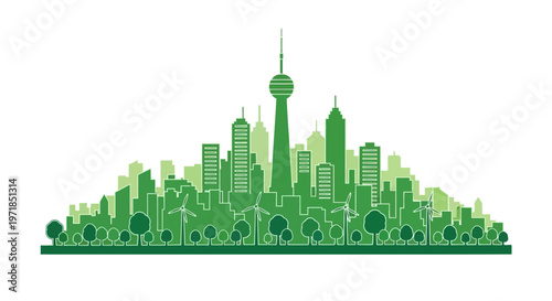 Green city skyline with tall buildings.