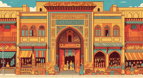 Vibrant colorful building with archway.