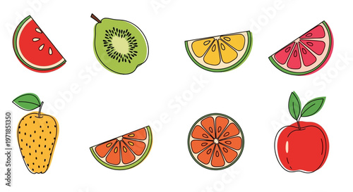 Colorful fruit slices and whole fruits.