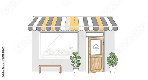 Colorful striped awning over storefront door.