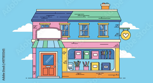 Colorful cartoon bookstore shop front.