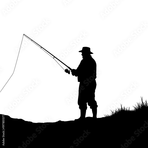 Fisherman Silhouette Casting: A solitary fisherman, cast with the sun, meticulously casts his fishing line into the water, hoping for a rewarding catch in the serene expanse.