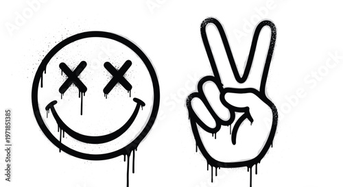 Minimalist black stencil dead smiley and peace sign vector set with clean lines and single drip for modern graphic design