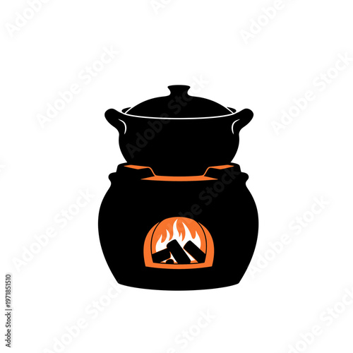 Rustic Stove and Pot: A detailed illustration of a traditional stove with a pot. Capturing the essence of home-style cooking and cultural heritage, perfect for culinary projects or vintage design.
