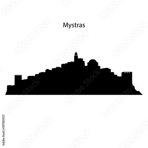 Mystras Silhouette: An elegant silhouette of the historical city of Mystras stands tall against the bright background, a testament to its architectural grandeur and cultural richness.