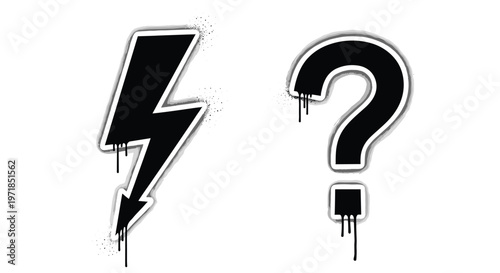 Raw black graffiti spray paint lightning bolt and question mark with heavy urban drips and splatter