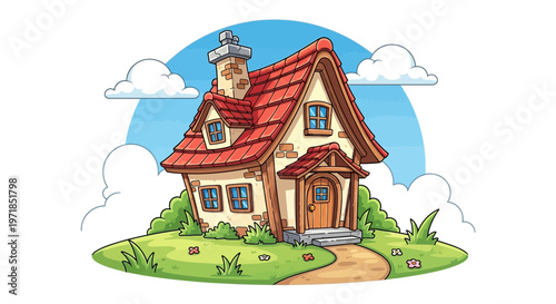 Cartoon house on a hill illustration with red roof and chimney vector