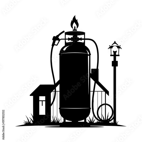 Industrial Propane Tank Silhouette: A striking black and white silhouette presents an industrial propane tank with a flame, fuel nozzle, and connecting hoses, adjacent to a stylized building.