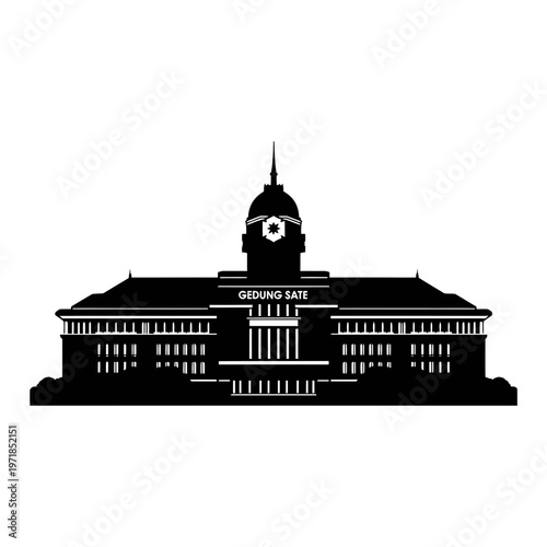 Gedung Sate Architecture Icon: A minimalist monochrome depiction of Gedung Sate, a historically significant architectural landmark. Highlighting the building's distinct structure.
