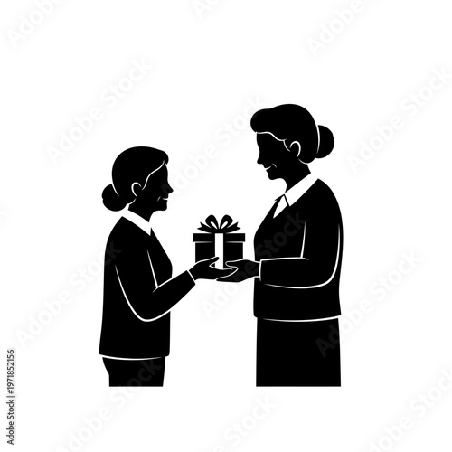 Gift exchange moment: Two figures share a moment of connection as a wrapped gift is passed between them, highlighting the themes of generosity and appreciation.