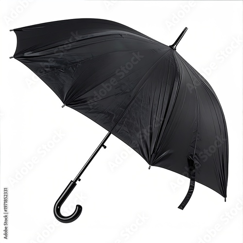 Classic black umbrella with curved handle providing rain protection in a studio shot against white offering weather defense accessory