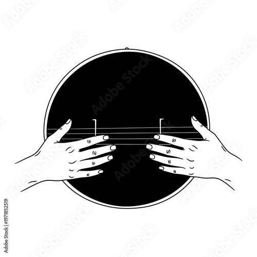 Melodic Resonance: Hands delicately cradle and pluck at the strings of a banjo, in a moment of pure musical creation.