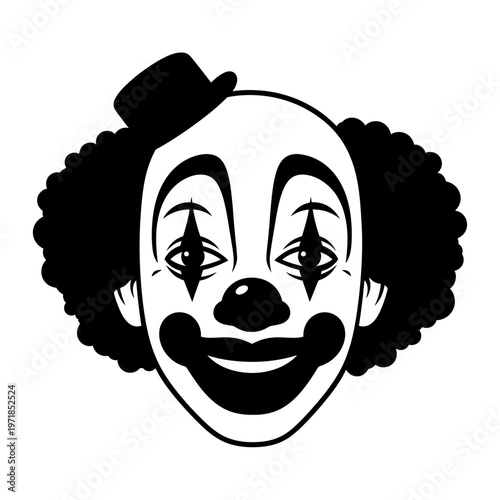 The Clown's Serene Smile: A monochrome portrait of a classic clown, its expressive face marked with iconic makeup, topped with a small hat, radiating a captivating enigmatic and gentle expression.