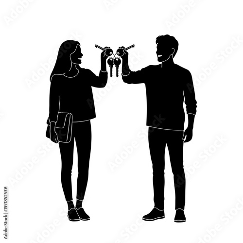 New Beginning: Couple celebrating new home key. The silhouette of a happy couple, holding up house keys, symbolizing new beginnings and the joy of homeownership.