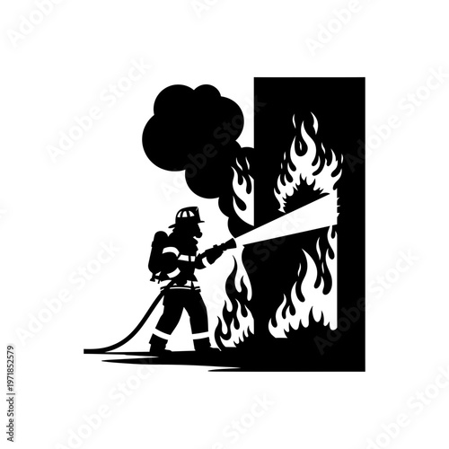 Firefighter bravely confronts raging flames with a powerful water stream, a symbol of bravery and dedication in action.