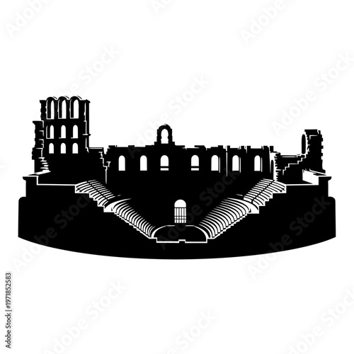 Ancient Ruins Silhouette: A stark black and white depiction of ancient ruins. The image highlights the detailed architecture and the remnants of history. 
