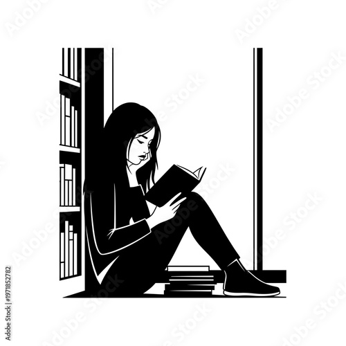 Bookworm's Sanctuary: A silhouette of a girl immersed in the world of books, nestled by a window with a bookshelf. A visual poem about love of reading and peace of mind.