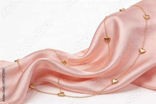 Gold heart necklace on pink fabric
