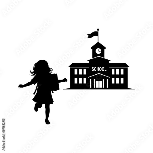 School Adventure Silhouette: A young child joyfully races towards a stately school building. A silhouette evokes a sense of anticipation and the promise of discovery and learning. 