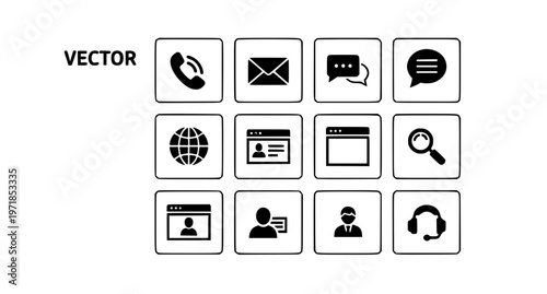 Professional contact and web icons set with phone email browser search and support symbols solid vector