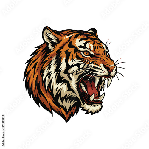 A highly detailed and dynamic vector sticker illustration depicting a snarling, terrifying Tiger head.
