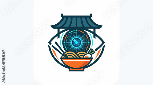 Futuristic Eye with Ramen Bowl and Pagoda Roof