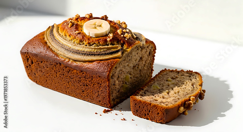 Freshly baked banana bread loaf garnished with banana slices and walnuts, with a single slice cut on a white background