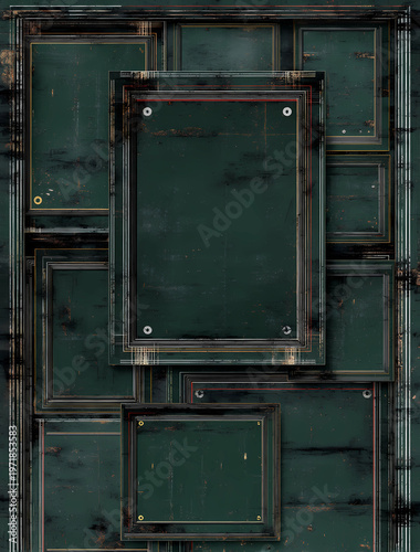 Overlapping dark green frames with aged metal borders