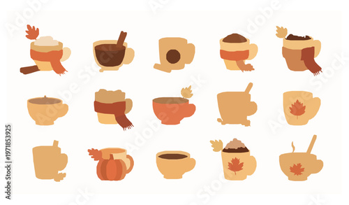 Cozy Autumn Mug Set Hot Coffee Tea Fall Flat Vector