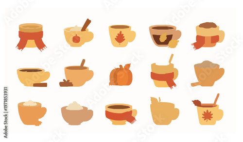 Cozy Autumn Mug Set Hot Coffee Tea Fall Flat Vector