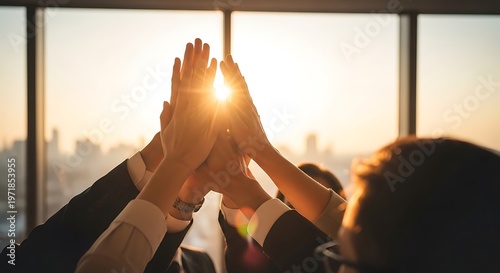 Successful business team members hands together in a high five gesture in a modern office with sunset golden hour sunburst through windows
