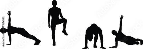 Vector silhouettes of people performing bodyweight exercises including plank, high knees, crawling, and side plank poses for fitness illustration design