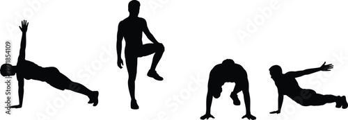 Vector silhouettes of people performing fitness exercises, including plank, high knees, mountain climber, and push-up variations for workout illustration design