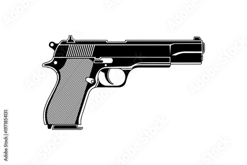 Black and white illustration of a semi automatic pistol