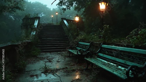 Rainy evening in a tranquil park with benches