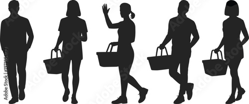 Vector silhouettes of people shopping with baskets in various poses representing consumer activity, retail lifestyle, and market illustration design