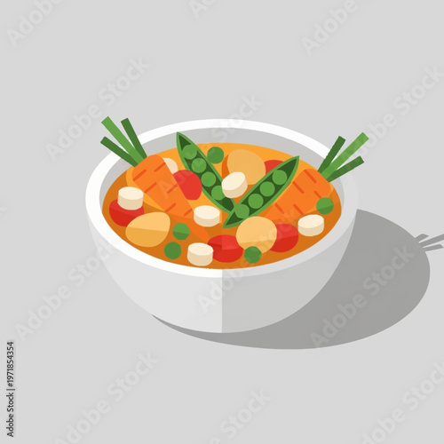 A bowl of vegetable soup with peas.
