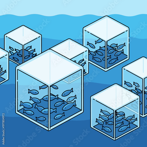 Illustration of fish in multiple glass boxes underwater.