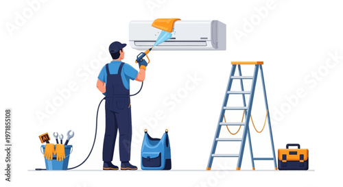 Illustration of a maintenance worker cleaning an air conditioner with a spray nozzle in front of a ladder and tool bag against a white background in a flat, cartoon style, conveying a clean