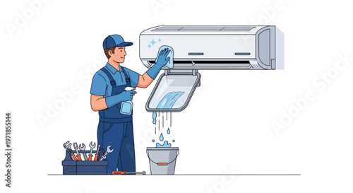 A technician in uniform cleans a wall-mounted air conditioner unit in a vector illustration, using a spray bottle and cloth, with a bucket catching water, set against a plain white